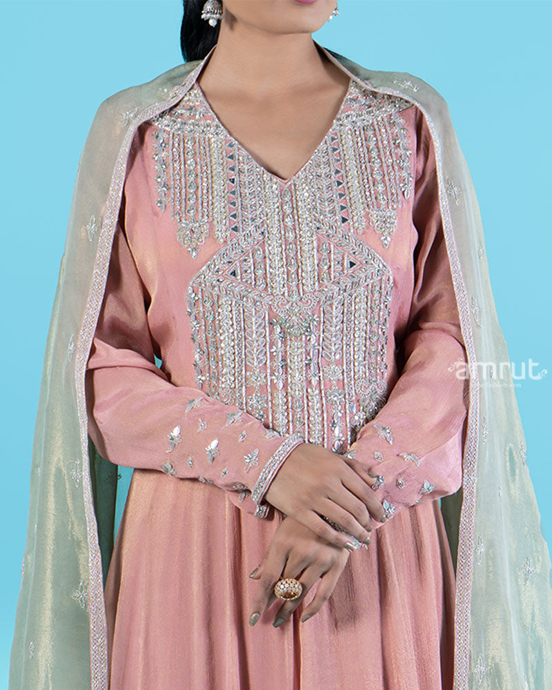 Dusty Rose Beaded Embellished Gown with Sage Green Dupatta