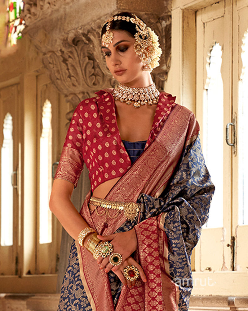 Navy Blue and Maroon Gold-Toned Ethnic Motifs Design Zari Silk Saree with Unstitched Blouse