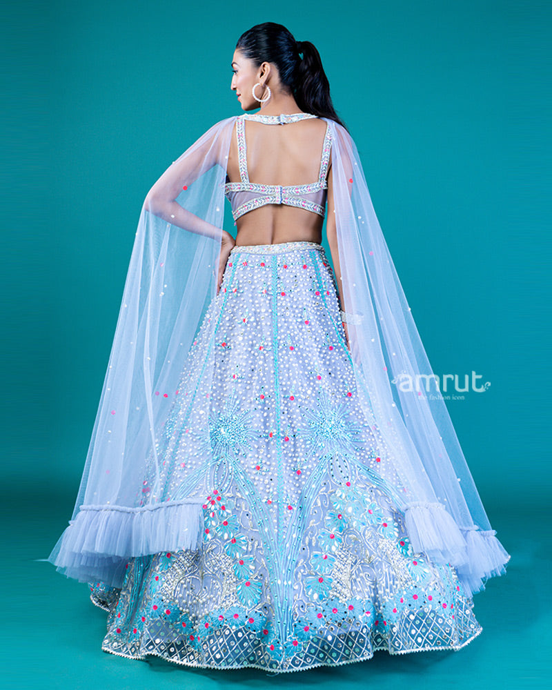 Embellished Light Blue Lehenga Choli with Ruffled Hem and Beaded Sweetheart Neckline