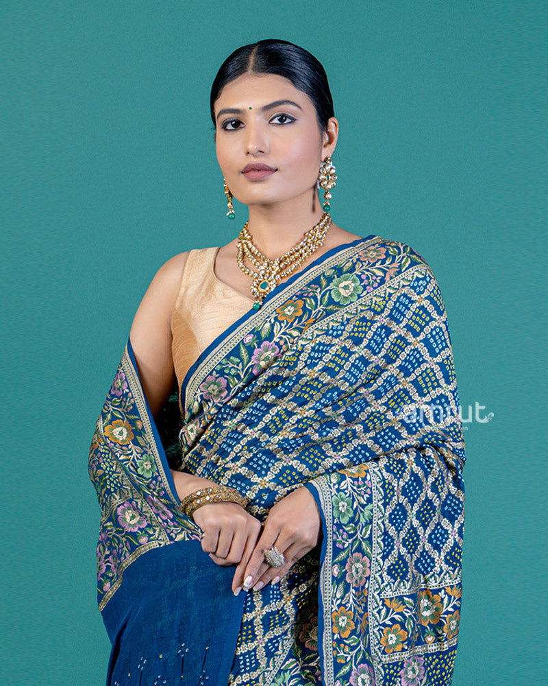 Navy Blue Bandhej Print Saree with Unstitched Blouse