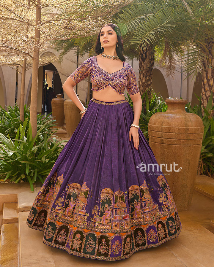 Purple Intricate Golden Embroidered Lehenga Choli with Matching Dupatta