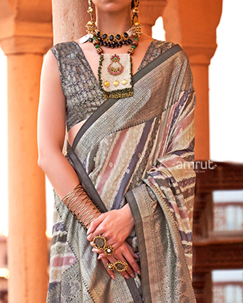 Multicolor Foil Print Work Silk Saree with Unstitched Blouse