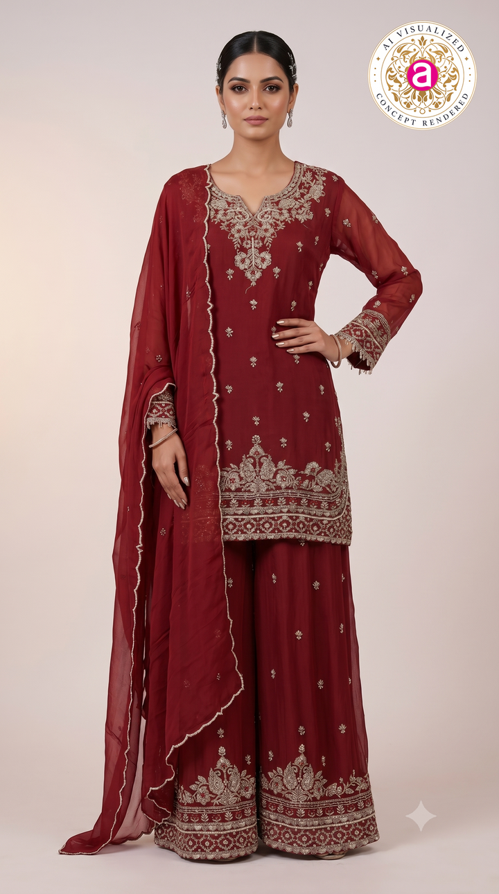 Wine Red Embroidered Kurta Sharara Set with Dupatta