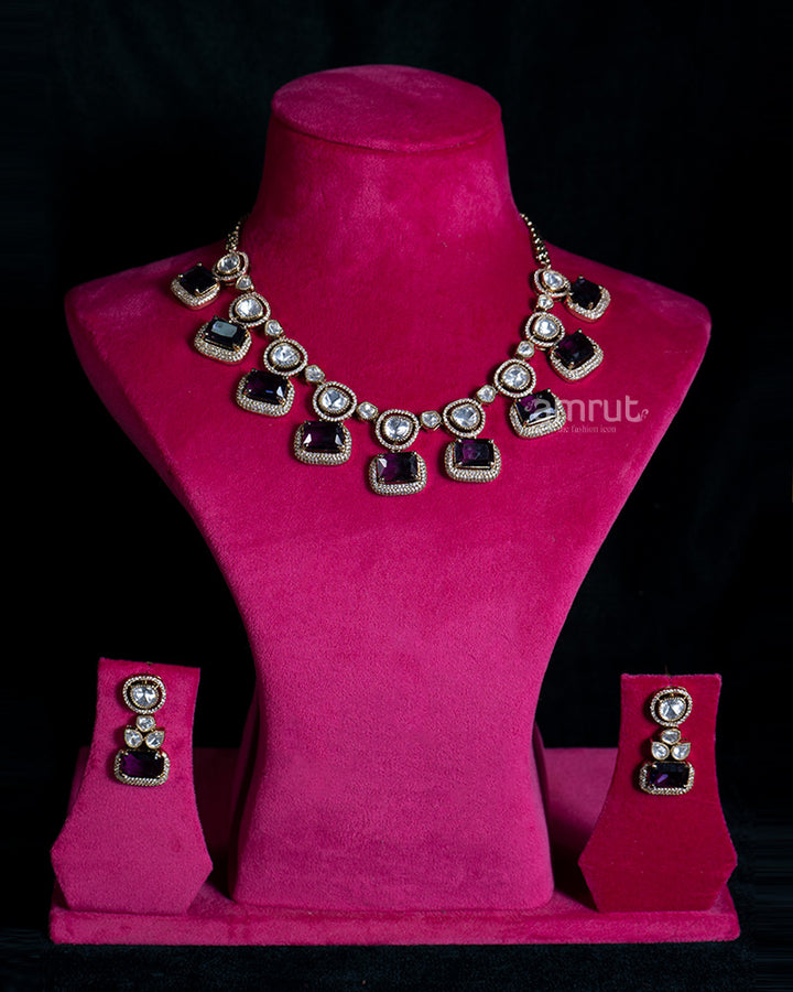 Purple Gemstones Embellished Necklace and Matching Earrings