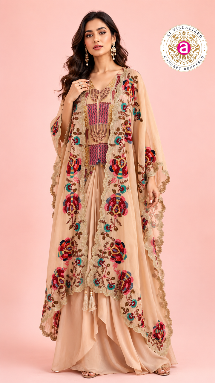 Peach Embroidered Palazzo Set with Handwork Cape Dupatta