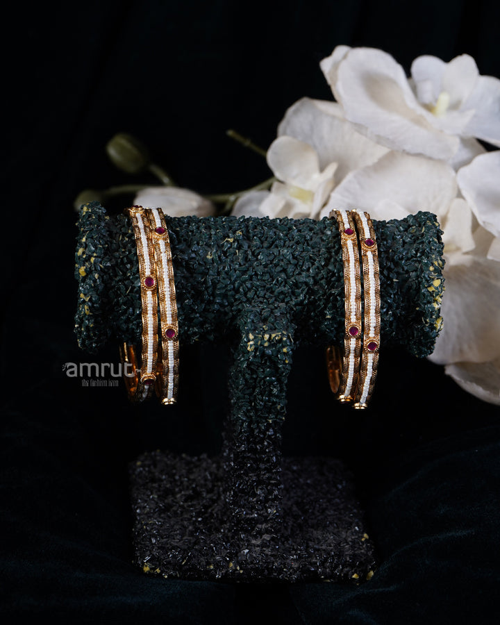 White Pearls and Red Gemstone-Embellished Bangles Set