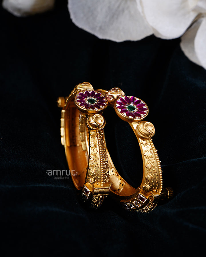 Gold with Intricate Patterns and Ruby-Emerald Gemstone Inlays Bangles