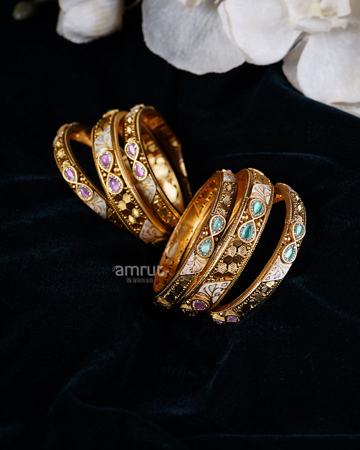 Gold-Plated with Intricate Designs and Colorful Gemstone Inlays Bangles