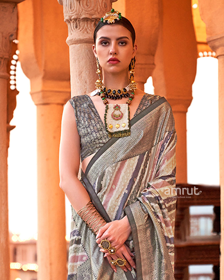 Multicolor Foil Print Work Silk Saree with Unstitched Blouse