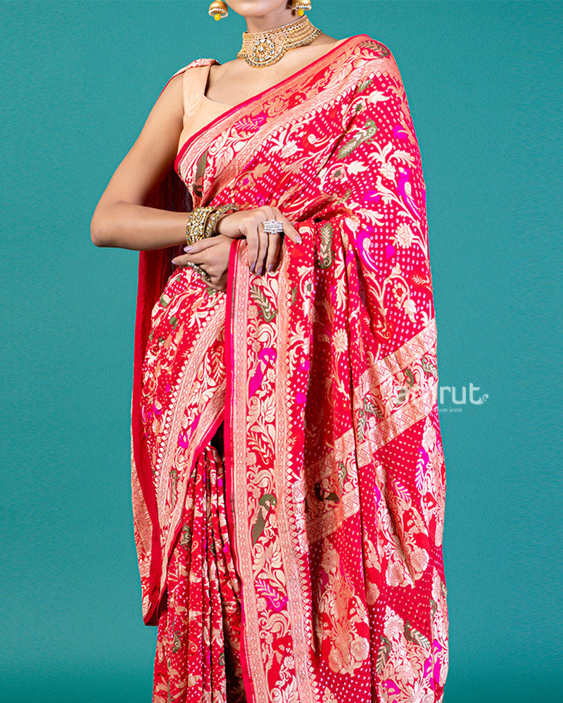 Red-Pink Dual Tone Saree with Zari Floral & Paisley Motifs and Unstitched Blouse