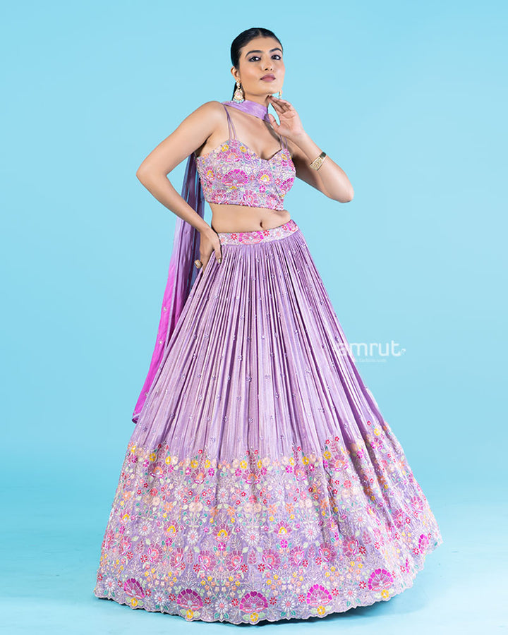 Lavender Floral Embroidered Lehenga Choli with Sheer Dupatta