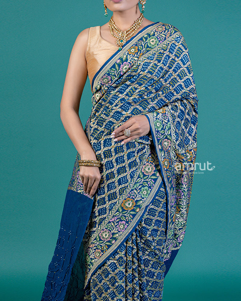 Navy Blue Bandhej Print Saree with Unstitched Blouse