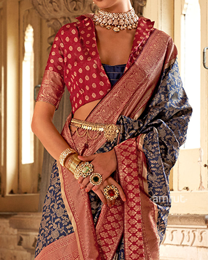 Navy Blue and Maroon Gold-Toned Ethnic Motifs Design Zari Silk Saree with Unstitched Blouse