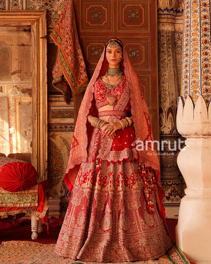 Crimson Red Golden Embroidered Bridal Lehenga Choli with Maroon Dupatta