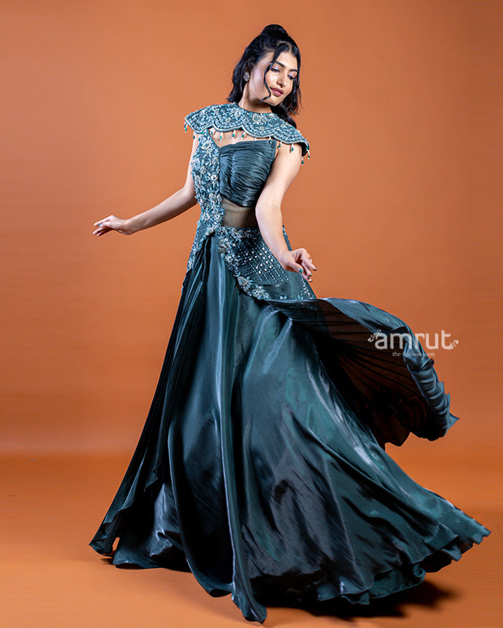 Teal Flared Circular Gown with Heavy Embellishments