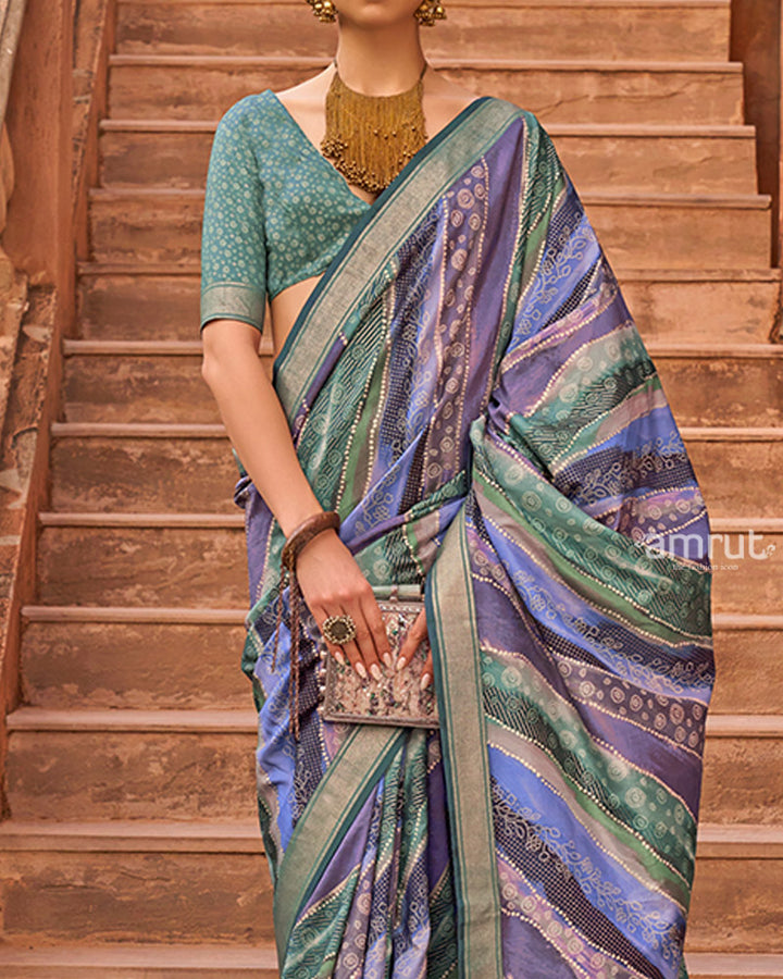 Lavender and Blue Zari Weaving Silk Saree with Unstitched Blouse