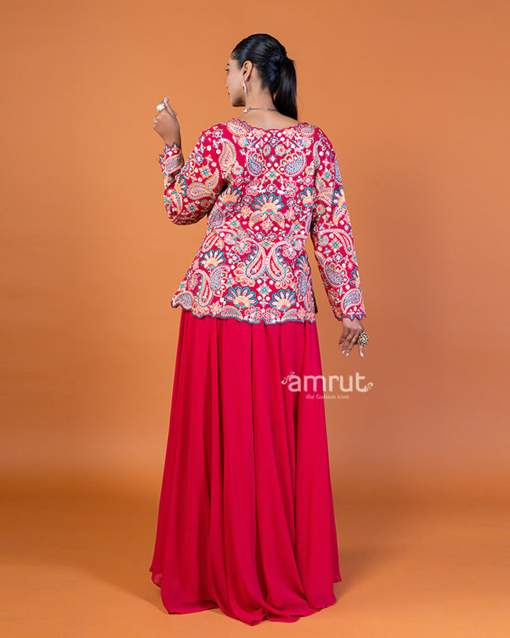 Rosy Red Embroidered Plum Top with Flowing Sharara Pants