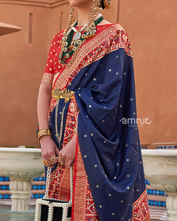 Navy Blue Zari Weaving Red Border Saree in Patola Silk with Unstitched Blouse