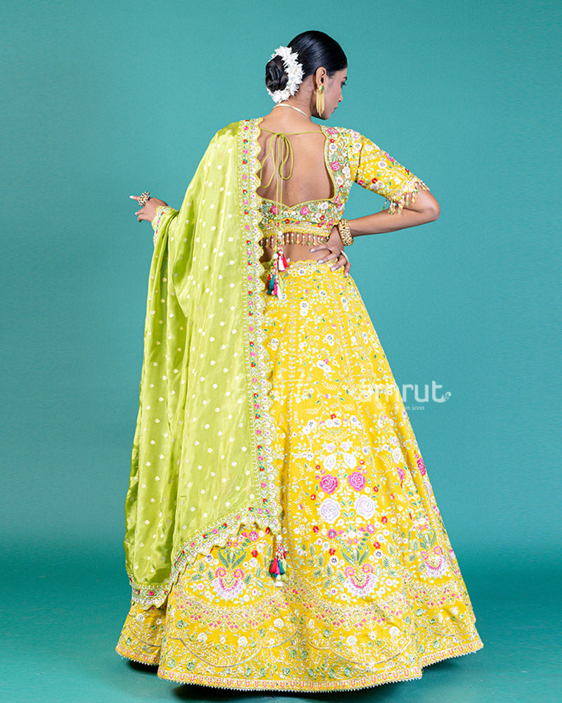 Elegant Yellow Lehenga Choli with Embroidered Choli and Sheer Dupatta