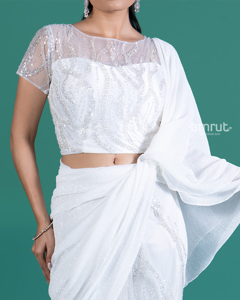 White with Sparkling Sequins Saree and Embellished Cropped Blouse