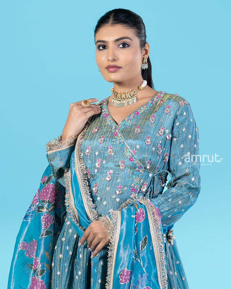 Blue Embellished Kameez with Palazzo Pants and Dupatta