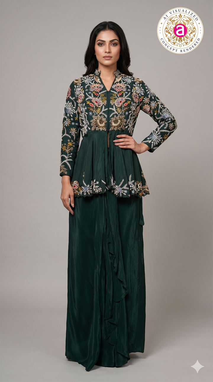 Emerald Green Embroidered Indo-Western Co-Ord Set with Peplum Jacket