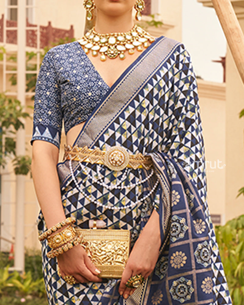 Blue & White Geometric Printed Embellished Zari Border Silk Saree with Unstitched Blouse