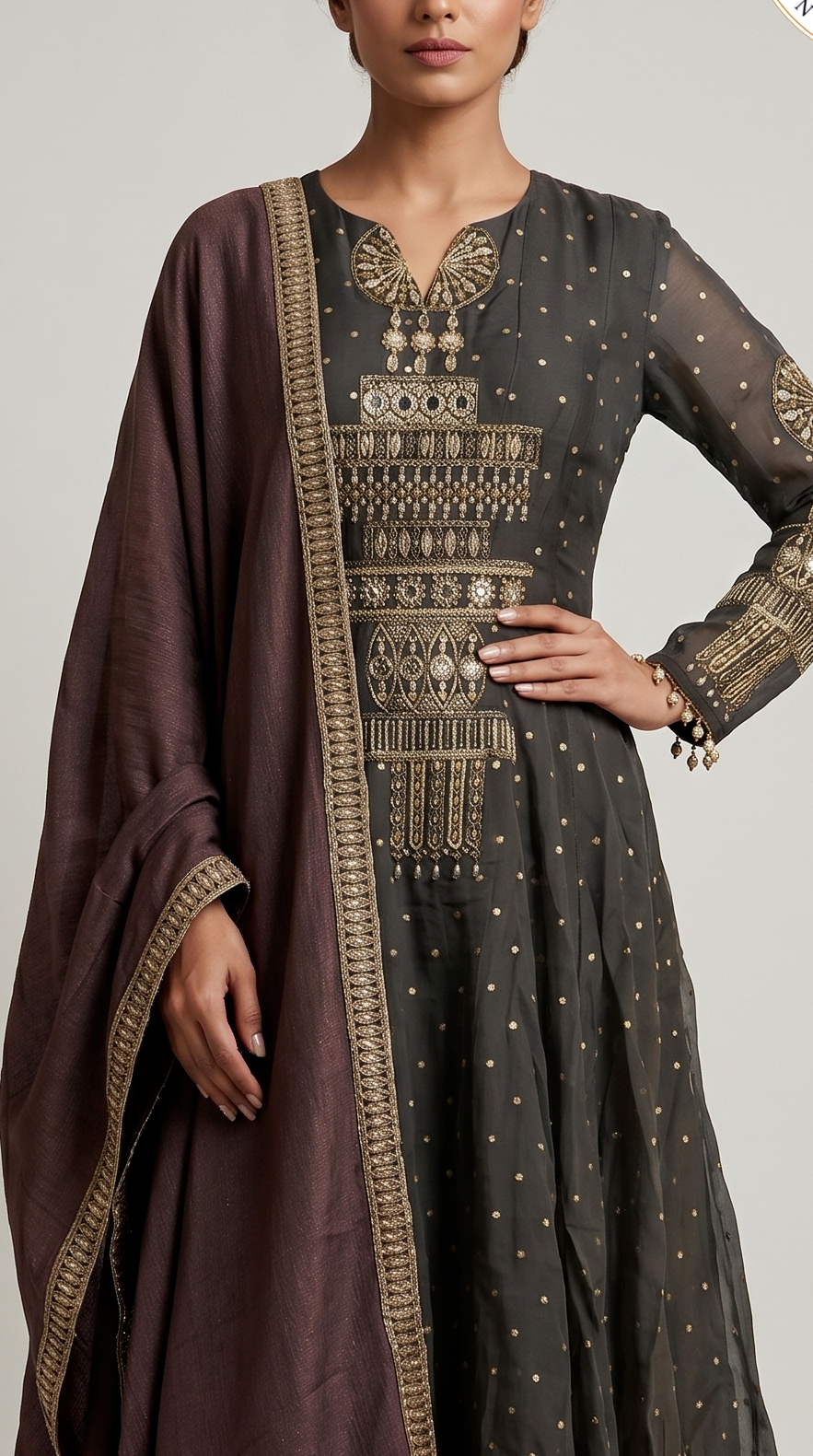 Charcoal Grey Embroidered Anarkali Suit Set with Wine Dupatta