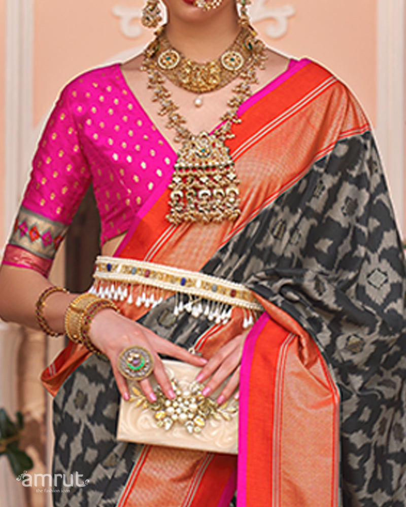 Black Patola Silk Saree with Foil Print & Red-Orange Border with Unstitched Blouse