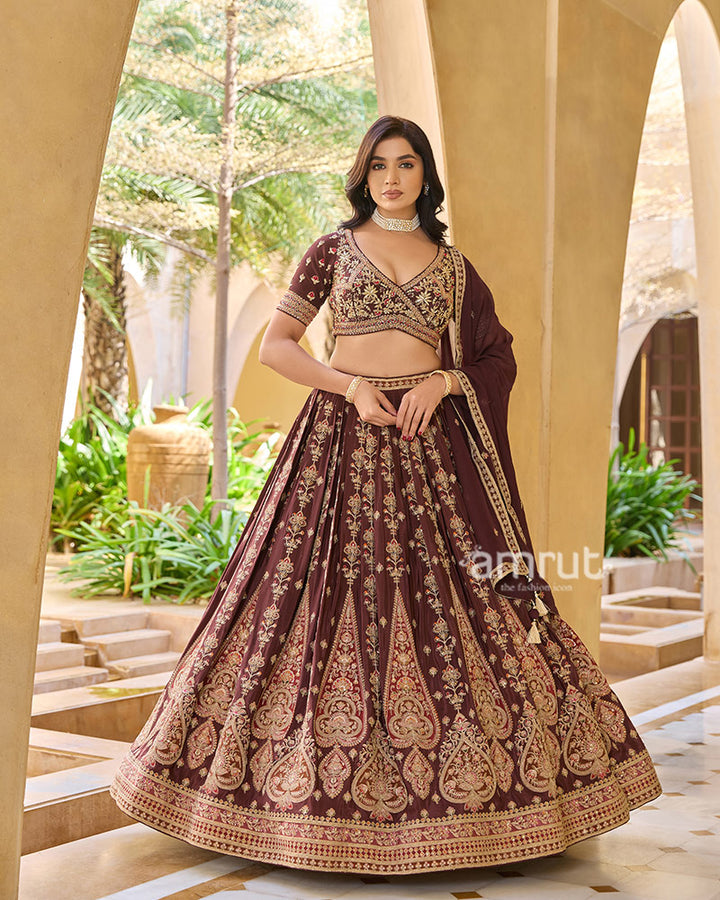 Maroon Golden Detailing Embroidered Lehenga Choli with Matching Dupatta