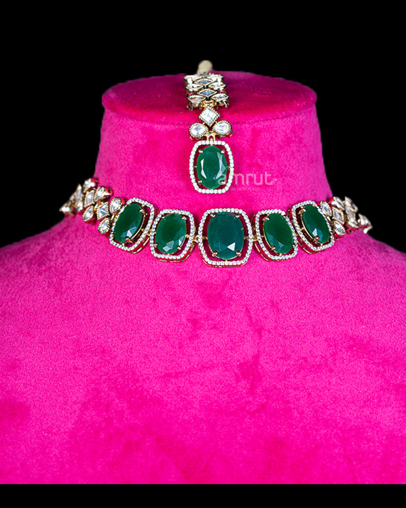 Gold-Toned Emerald Green Necklace, Earrings & Maang Tikka Set