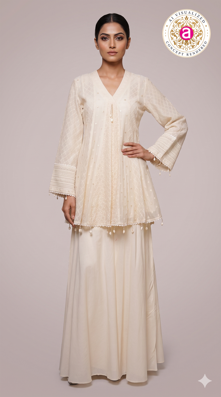 Ivory Embroidered Peplum Kurta Sharara Set