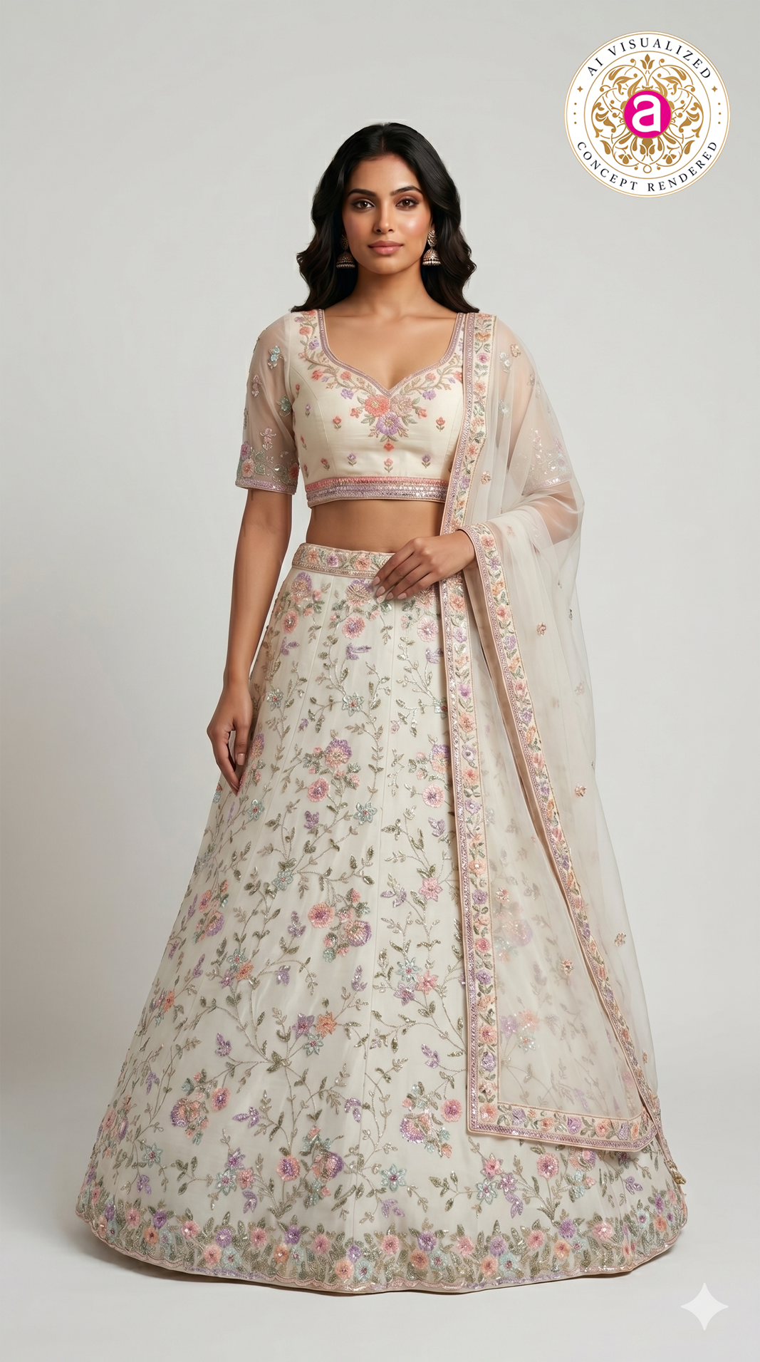 Ivory White Floral Embroidered Designer Lehenga Set with Organza Dupatta