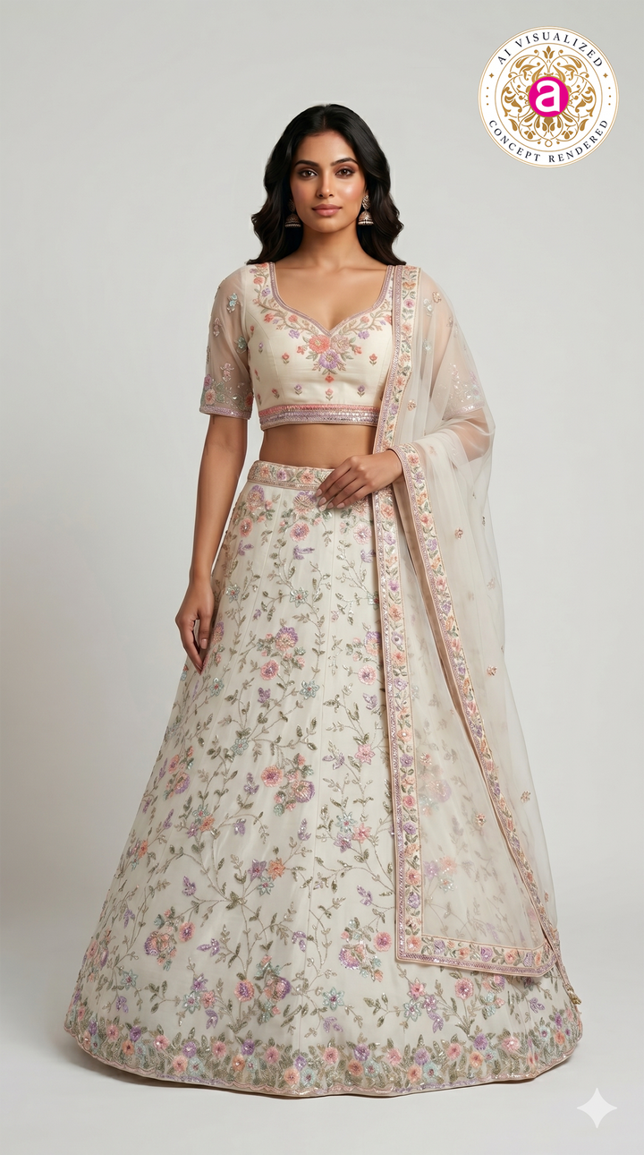 Ivory White Floral Embroidered Designer Lehenga Set with Organza Dupatta
