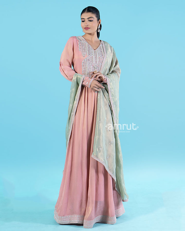 Dusty Rose Beaded Embellished Gown with Sage Green Dupatta