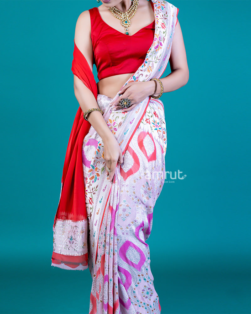 Baby Pink Zari Woven Saree with Multicolor Accents and Unstitched Blouse