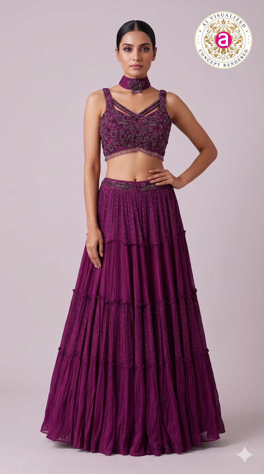 Wine Embellished Tiered Lehenga Set with Choker Neck Detail