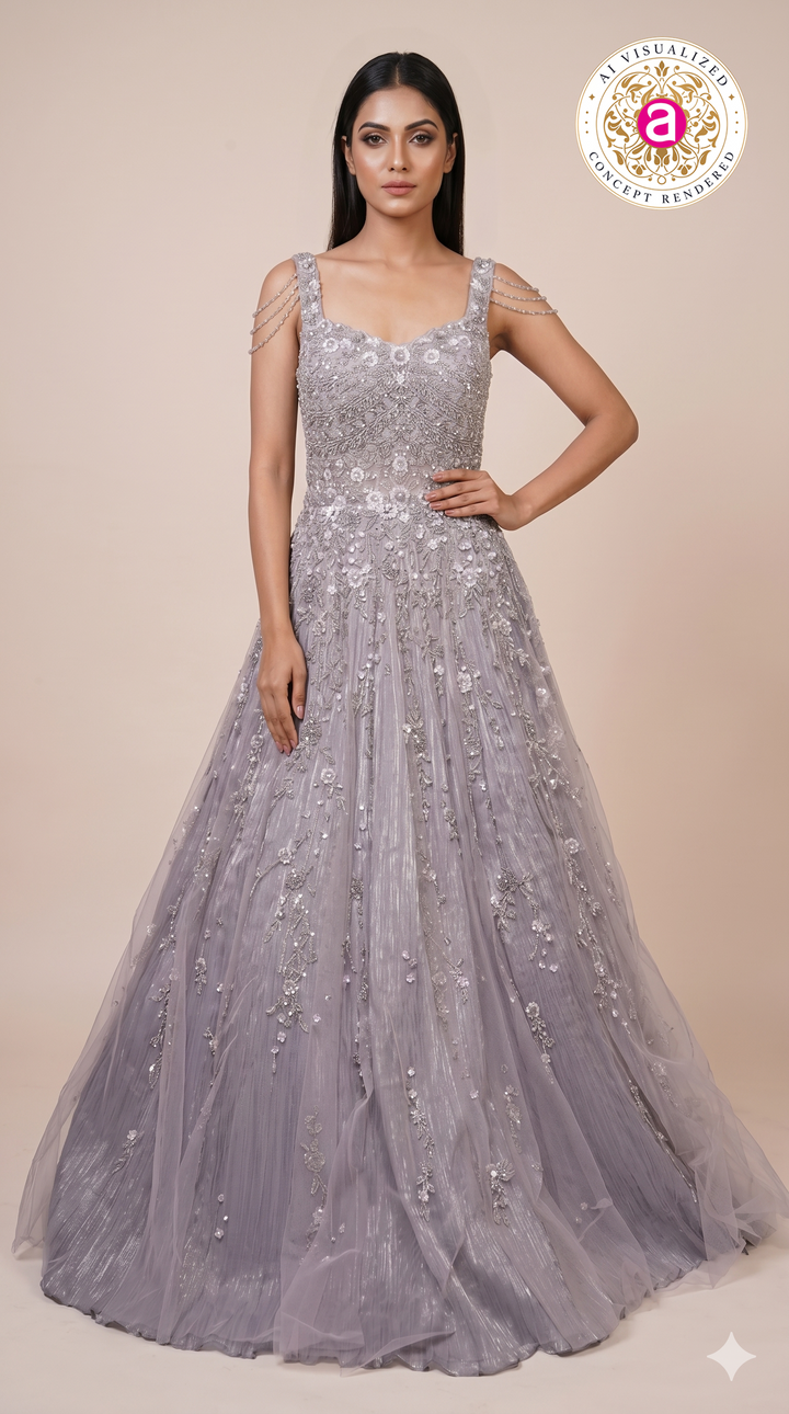Lilac Silver Embroidered Princess Ball Gown with Crystal Shoulder Chains