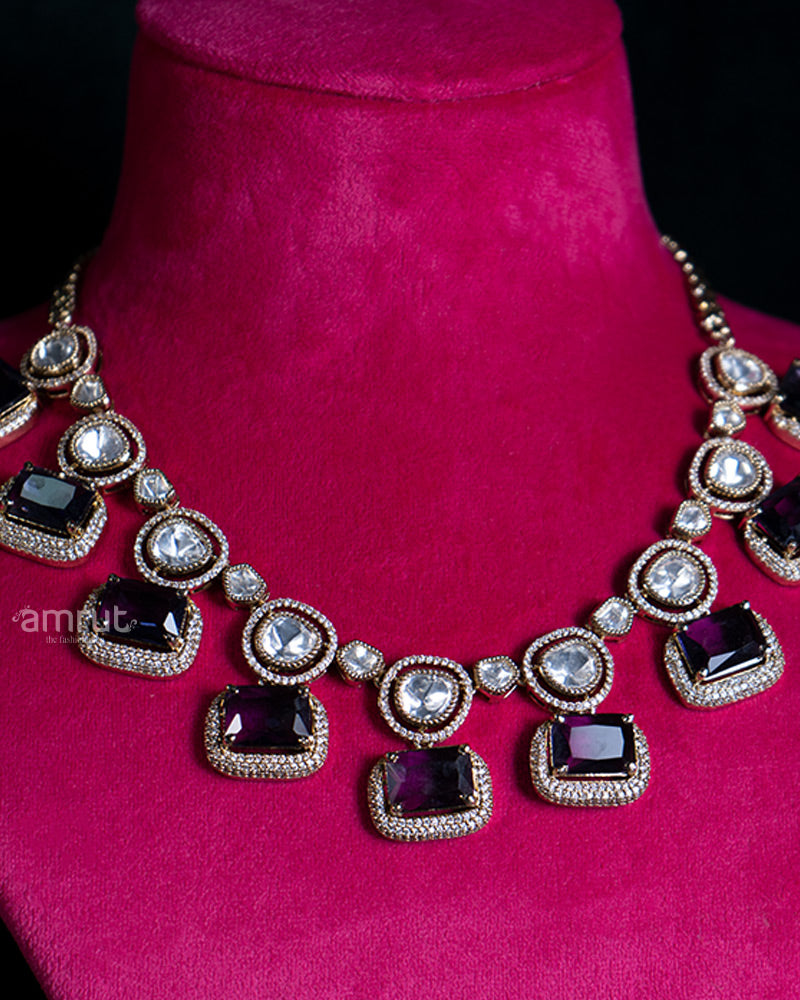 Purple Gemstones Embellished Necklace and Matching Earrings