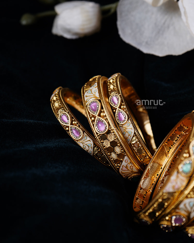 Gold-Plated with Intricate Designs and Colorful Gemstone Inlays Bangles