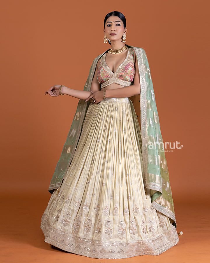 Beige Cream Embroidered Lehenga with Floral Choli and Green Dupatta