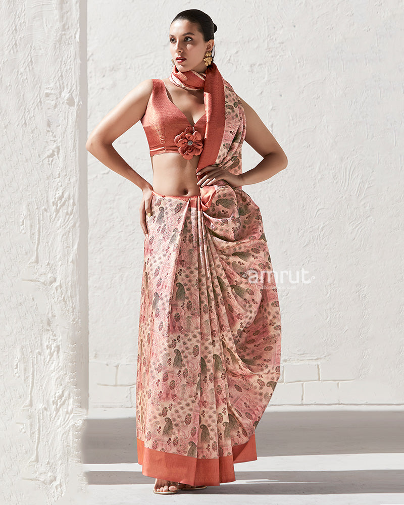 Copper Rust Floral-Print Brownish Pink Silk Saree with Unstitched Blouse