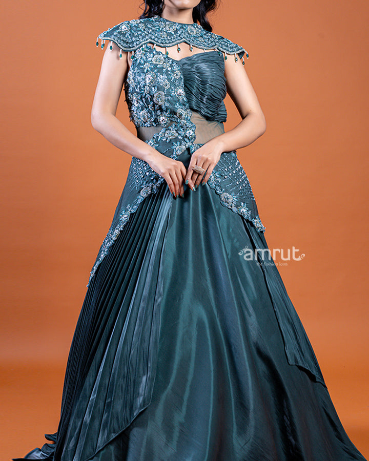 Teal Flared Circular Gown with Heavy Embellishments