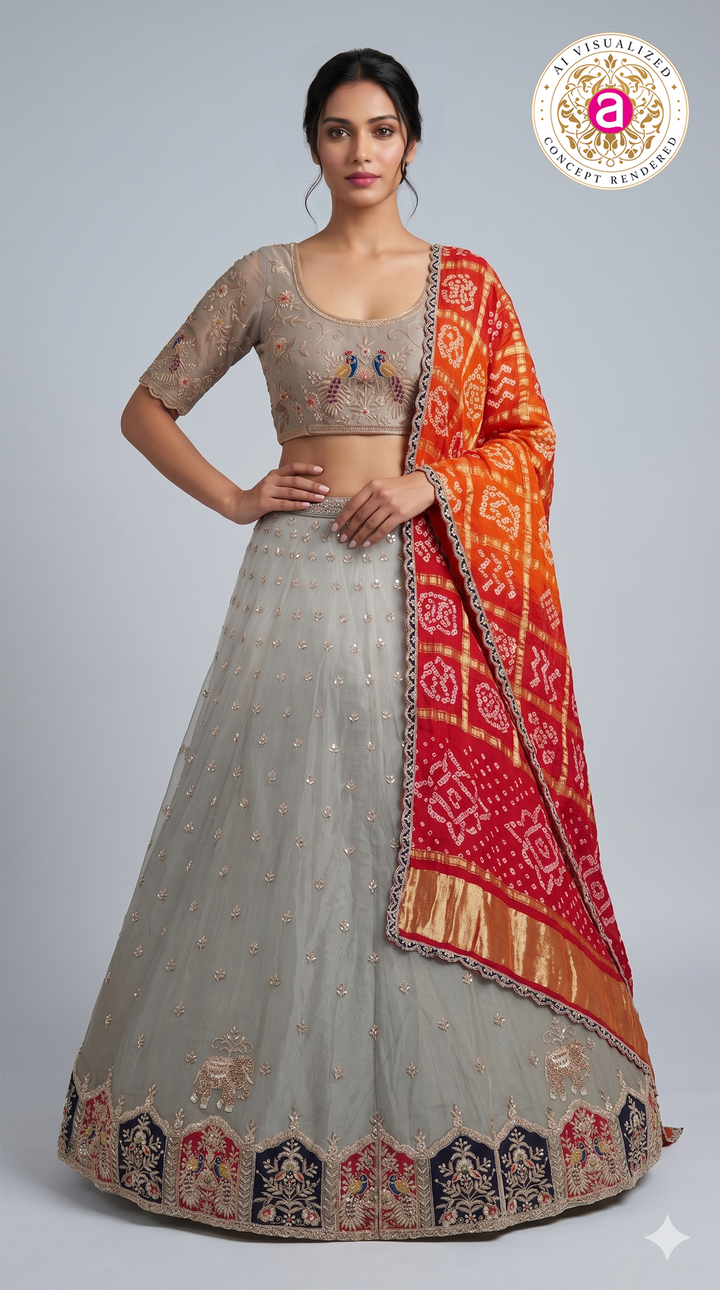 Ivory Grey Designer Lehenga Set with Peacock Embroidery & Bandhani Dupatta