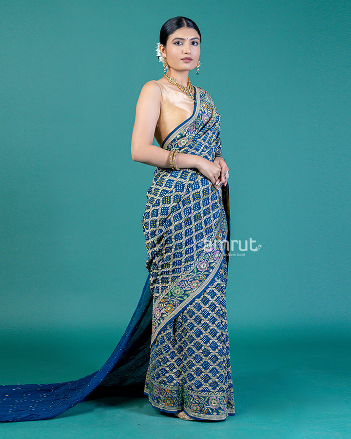 Navy Blue Bandhej Print Saree with Unstitched Blouse