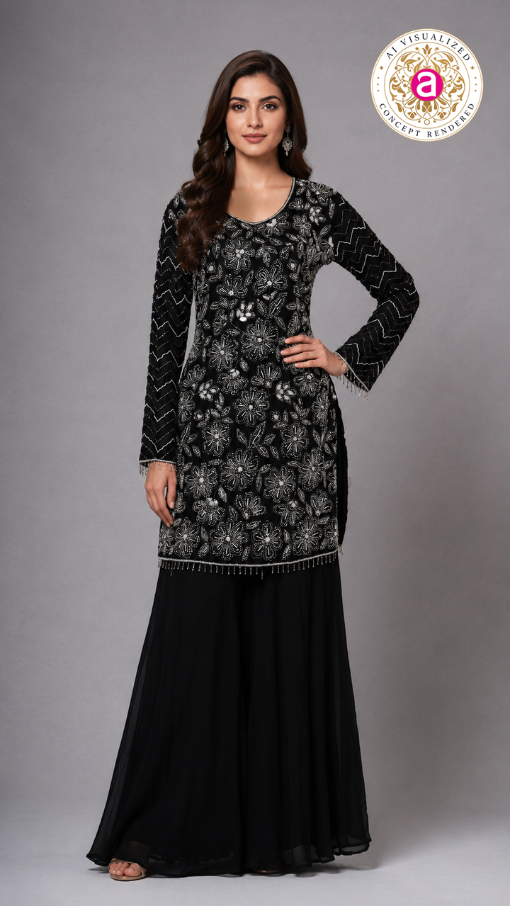 Black Embroidered Kurta Sharara Set