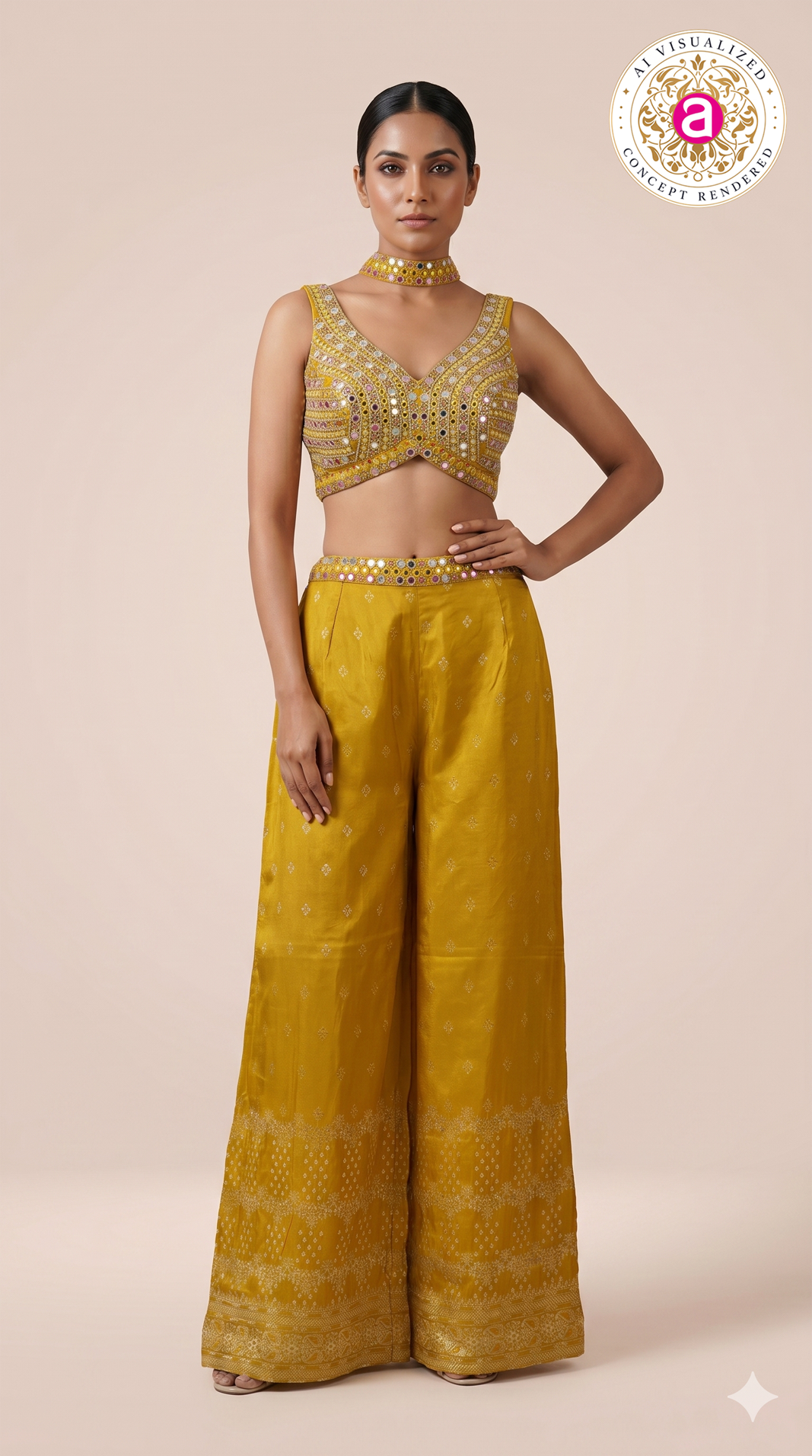 Mustard Yellow Mirror Work Indo-Western Co-Ord Set with Wide-Leg Palazzo Pants