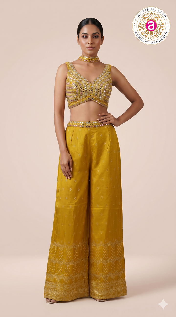 Mustard Yellow Mirror Work Indo-Western Co-Ord Set with Wide-Leg Palazzo Pants