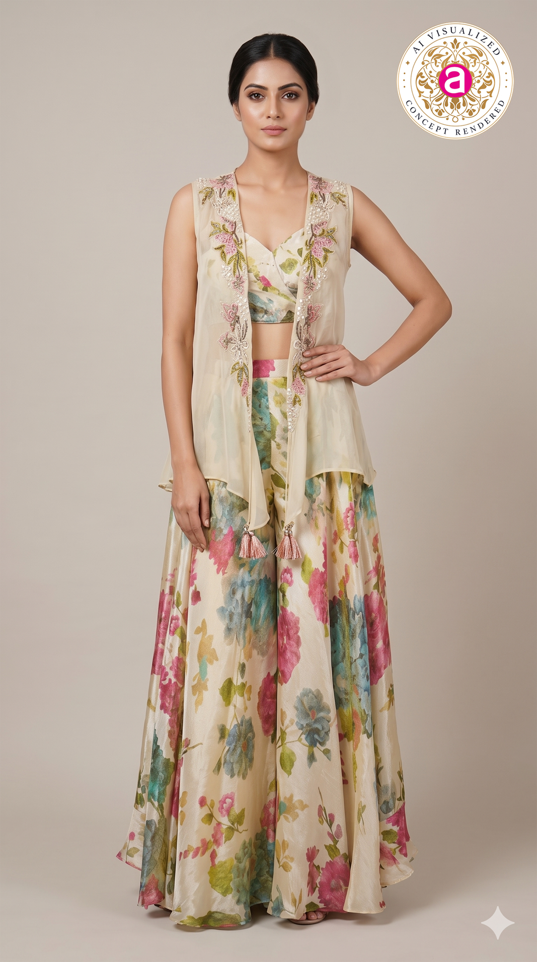 Ivory Floral Print Jacket Style Sharara Set with Crop Top