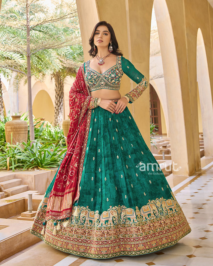 Dark Green Elephant Motif Intricate Embroidered Lehenga Choli with Maroon Dupatta